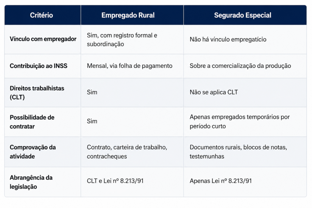 Tabela comparativa entre empregado rural e segurado especial com diferenças sobre vínculo empregatício, contribuição ao INSS, direitos trabalhistas, contratação, comprovação da atividade e legislação aplicável.